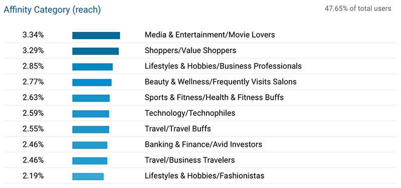 Google Analytics data segmenting website users interests