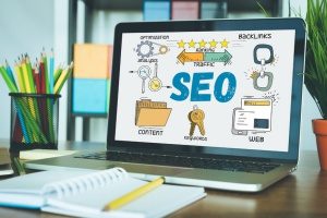 an SEO for insurance agents infographic on a laptop