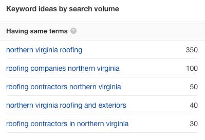 keyword research for northern virginia roofing