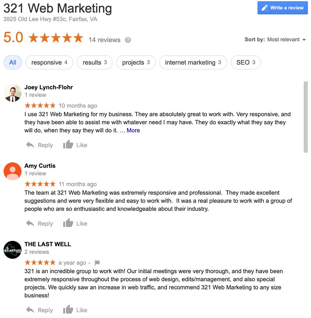321 Web Marketing Google reviews