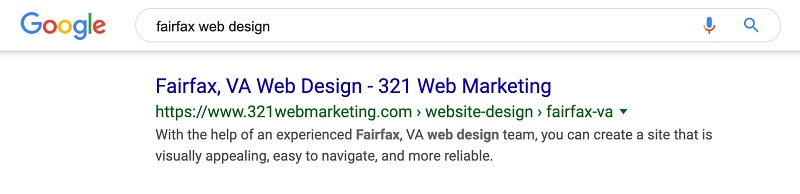 Google search results for Fairfax, VA Web Design