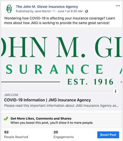 Facebook post showing the benefits of Facebook marketing for insurance agents