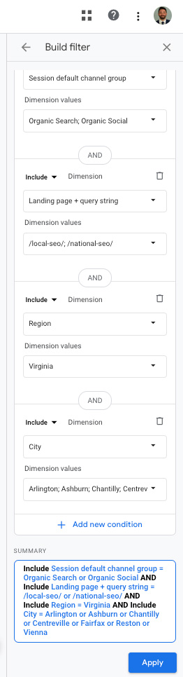 GA4 filter for organic traffic by landing page and location