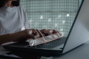 women use laptop computer with seo icons for promoting ranking traffic on websites