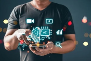 man touch icon ai and use smartphone