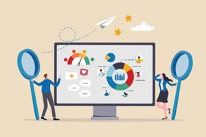 CRM customer relationship management software, marketing communication strategy, client analysis, social listening or interaction concept, business people working on CRM software