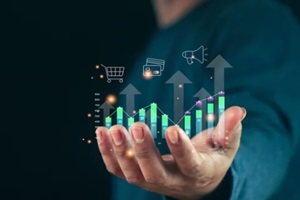 hand show the sign and icon of Digital marketing internet advertising and sales increase business technology concept