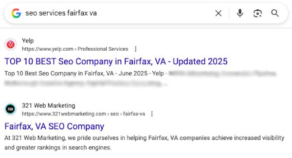 321 Web Marketing Ranking In The Top 3 For Local SEO Search Query