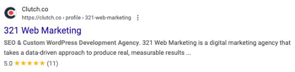 Clutch 321 Web Marketing Search Result Showing The Stars Rating From Implementing Schema Markup