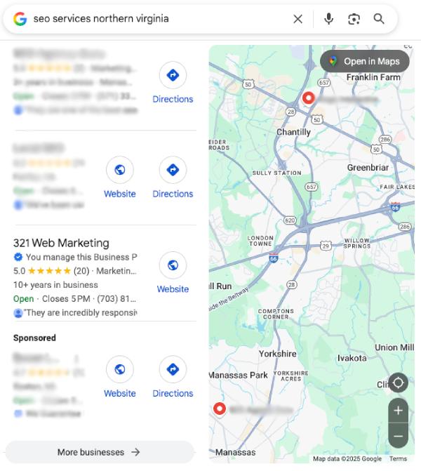 Local SEO Campaign Experience Shown With 321 Web Marketing In Google Map Pack Blurred