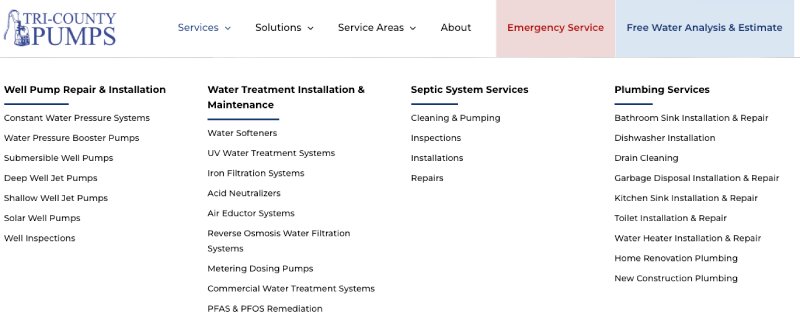 Tri-County Pumps Services Menu Dropdown Showing Logical Hierarchy Of Content