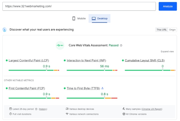 Core Web Vitals Assessment Results For 321 Web Marketing