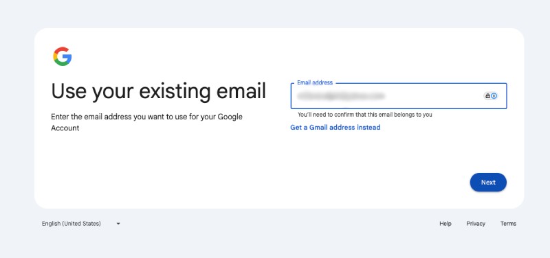 Step 3 Creating Google Account Using Existing Email