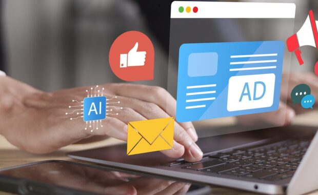 businessman use laptop with online advertising on virtual screen for programmatic Advertising cross targeting