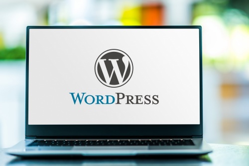 Wordpress Logo displayed on a grey laptop