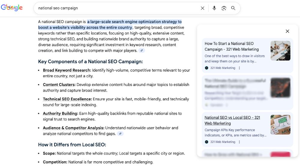 321 Web Marketing Appearing Twice In AI Overviews For National SEO Campaign