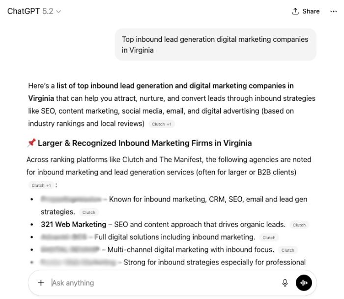 Top Inbound Lead Generation Companies In Virginia Via ChatGPT.com