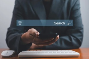 businessman using smartphone with AI search bar interface