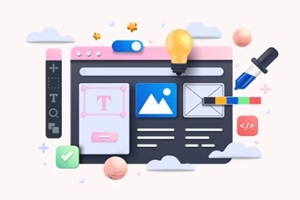 web design, application design, coding, and web building on white background