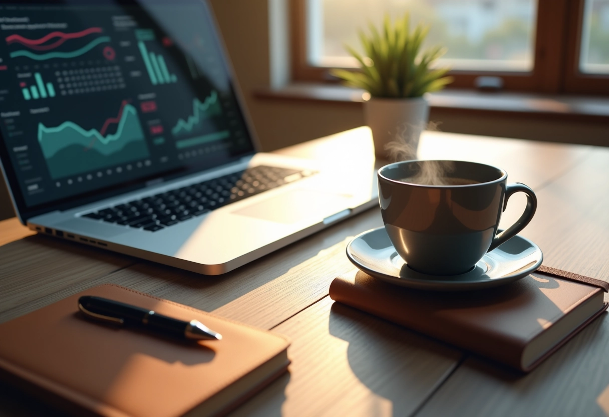 Laptop and cup of coffee in a table