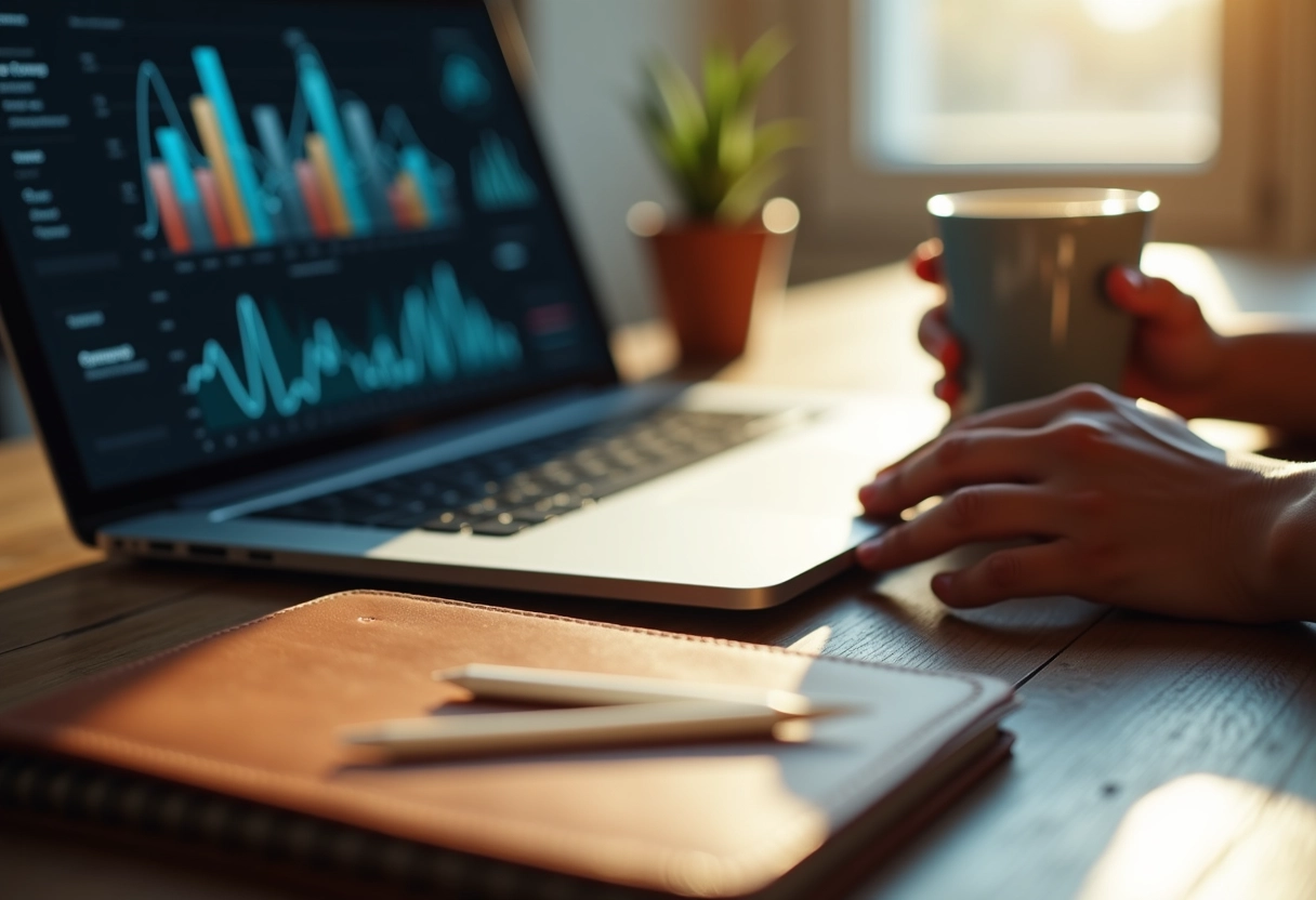 Male in a laptop trying to analyze data graphs