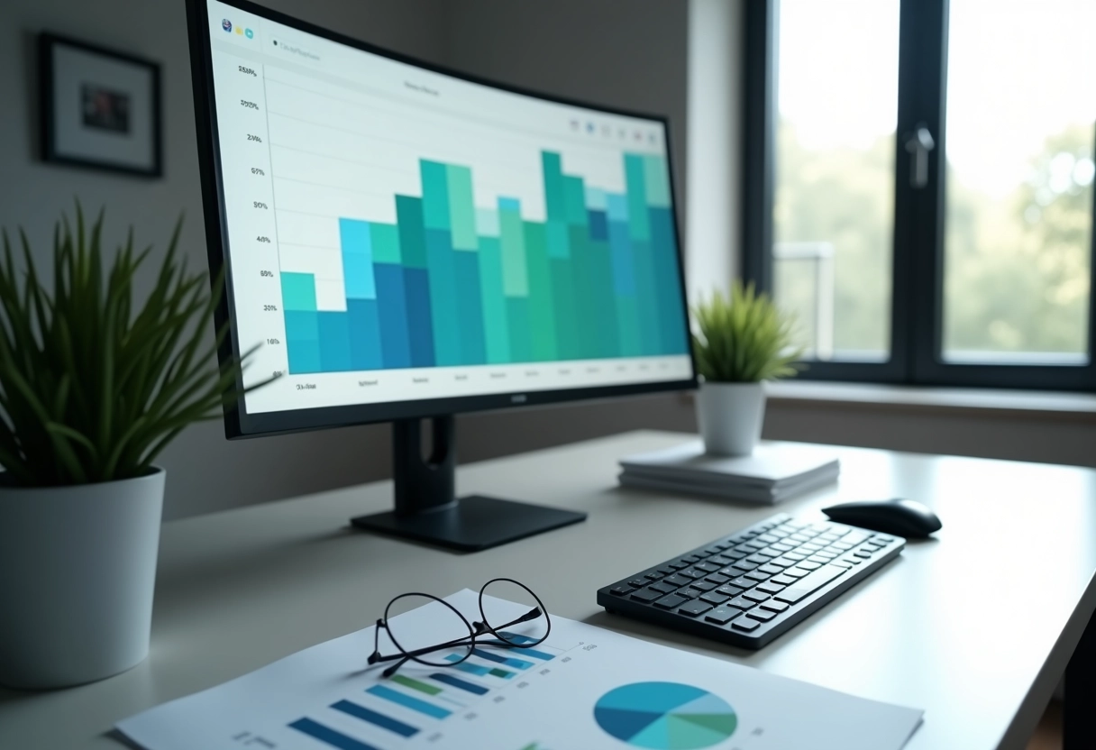 computer in a desk that shows market data