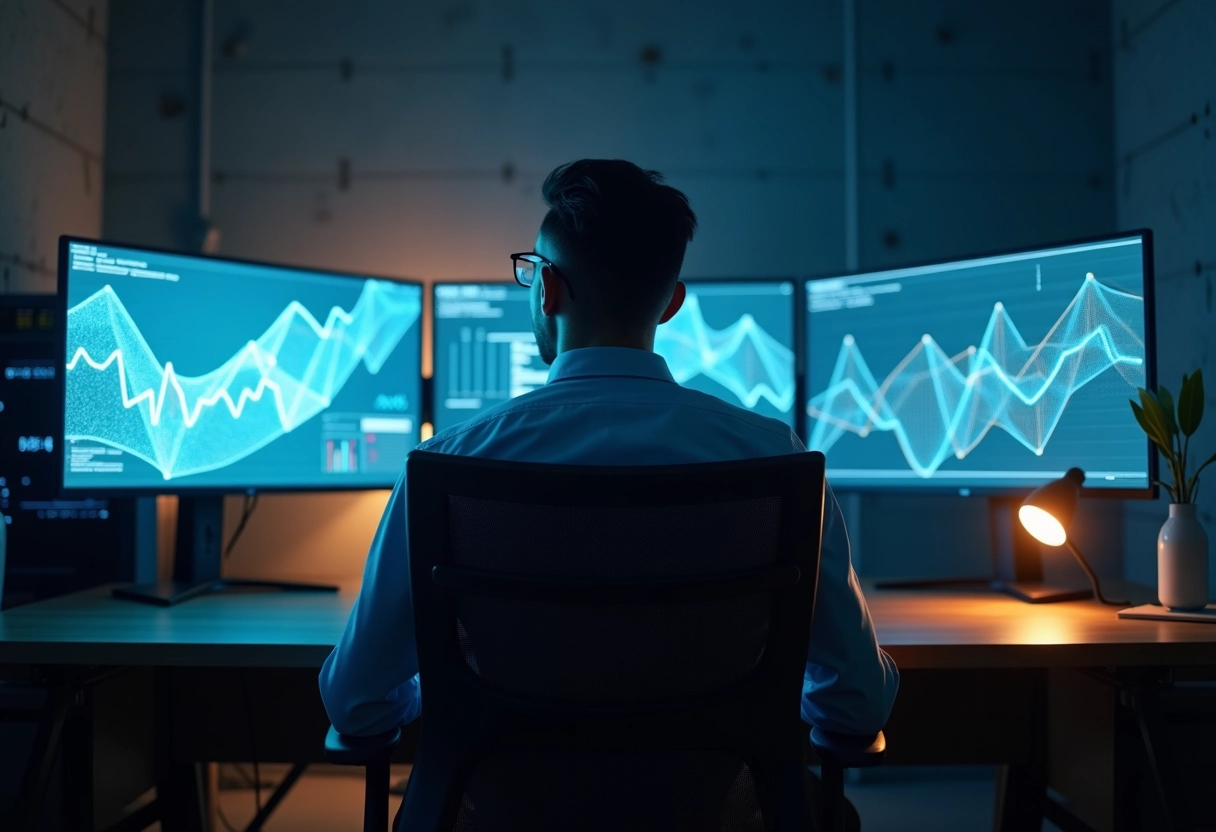 male in front of computer doing data analysis